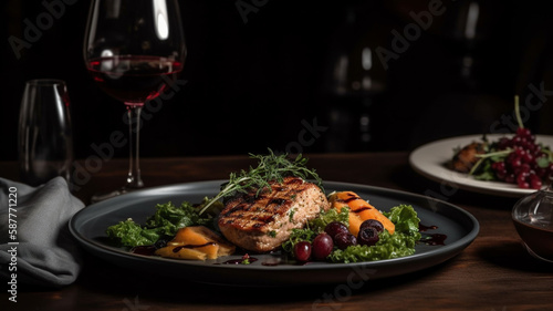 a plate of food with a glass of wine and a bottle of wine on the side of the plate and a glass of wine on the side. generative ai