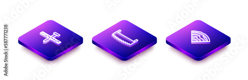 Set Isometric line Metallic nail, Two-handed saw and Wooden beam icon. Vector