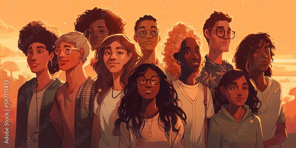 A group of young friends from different races and ethnicities who promote racial diversity and reject any form of discrimination, Generative AI. A group of young friends from different races and ethnicities who promote racial diversity and reject any form of discrimination, Generative AI.