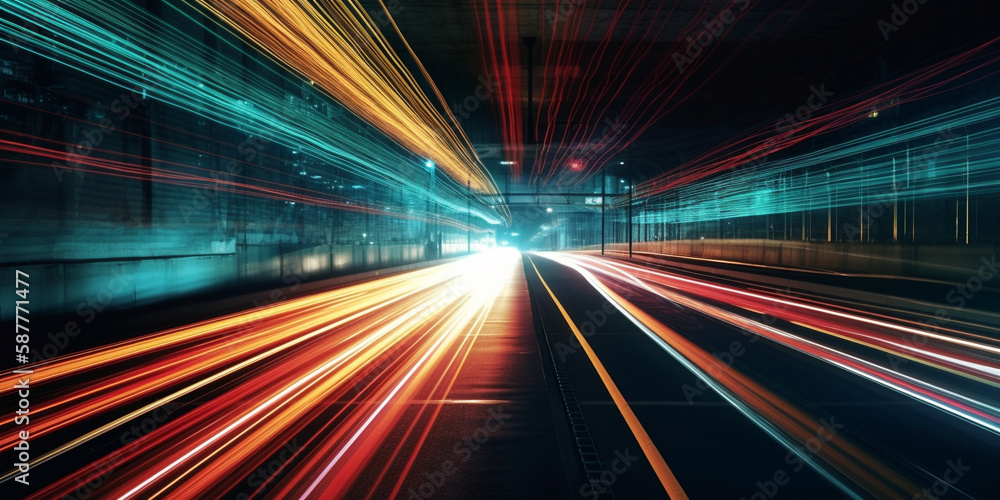 Abstract long exposure dynamic speed light trails in an urban environment. Generative ai