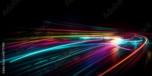 Abstract long exposure dynamic speed light trails in an urban environment. Generative ai