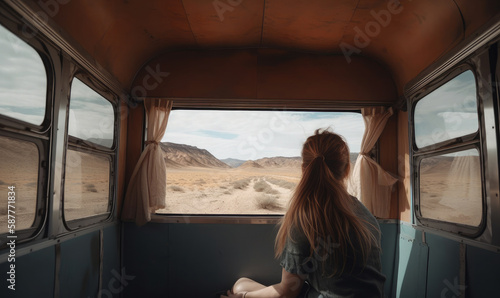 A woman spends relaxing leisure time in a modern camper, generative AI