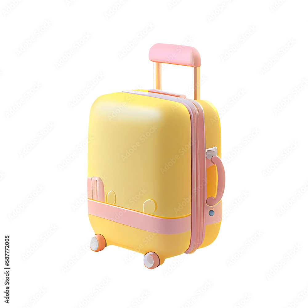3d icon yellow travel plastic suitcase with wheels cartoon fluffy isolated Transparent background png. Generative ai 3d icon yellow travel plastic suitcase with wheels cartoon fluffy isolated Transparent background png. Generative ai