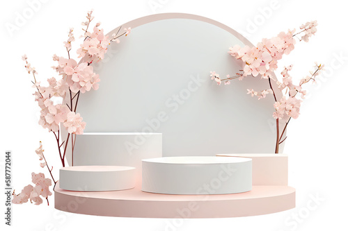 Empty 3d Mockup podium or pedestal with white flowers. Blank shelf product standing isolated transparent background png. Generative AI