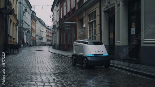 Delivery robot that is autonomous in Tallinn, Estonia. A business in Estonia is creating autonomous delivery cars. Future technology idea with an autonomous courier robot. Generative AI