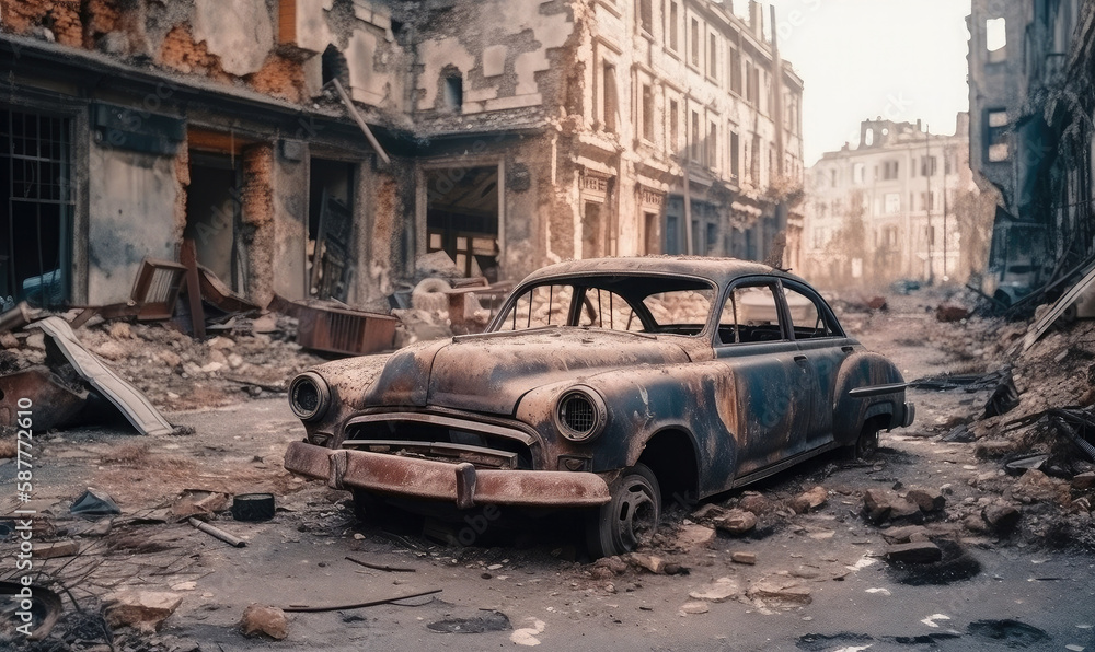 Destroyed car on the background War-torn city with broken buildings, Street of the bombed, generative AI Destroyed car on the background War-torn city with broken buildings, Street of the bombed, generative AI