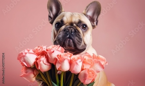 Dog holding a bouquet of tulips in his teeth on a pink background, Spring card for Valentine's Day, Women's Day, Birthday, generative AI © Enigma