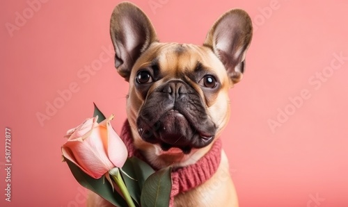 Dog holding a bouquet of tulips in his teeth on a pink background, Spring card for Valentine's Day, Women's Day, Birthday, generative AI © Enigma