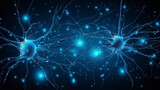 Nerve cell blue color banner, system neuron of brain with synapses. Medicine biology background. Generation AI.