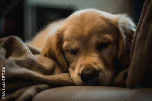 A sleepy golden retriever puppy snuggled up in a cozy blanket, its eyes half-closed and a contented expression on its face, emphasizing the puppy's cuddly and sweet nature, generative ai