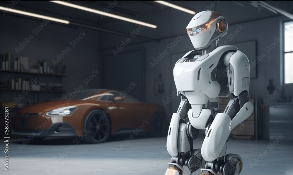 Smart robot as home assistant with artificial intelligence on modern home garage background. Generative AI Smart robot as home assistant with artificial intelligence on modern home garage background. Generative AI