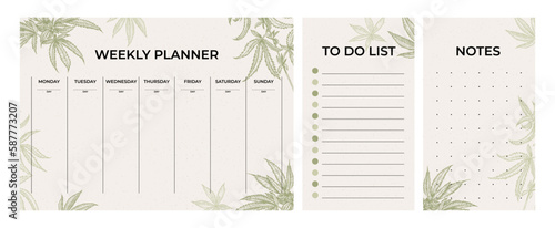 A set of eco-style templates. Weekly planner, to do list, notes. Natural background. Eco colors. For printing