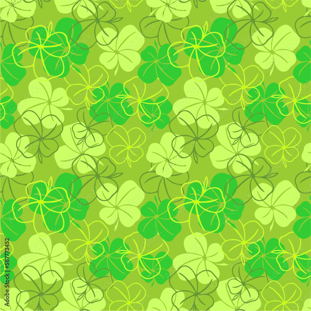 seamless pattern of green contours and silhouettes of a four-leaf clover on a green background, texture design seamless pattern of green contours and silhouettes of a four-leaf clover on a green background, texture design