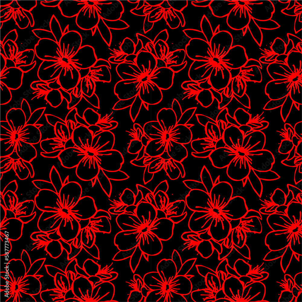 seamless pattern of red contours of flowers on a black background, texture, design seamless pattern of red contours of flowers on a black background, texture, design
