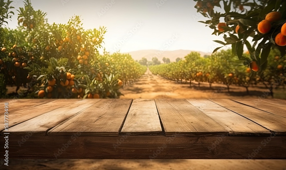 Empty wood table with free space over orange trees, orange field background, generative AI Empty wood table with free space over orange trees, orange field background, generative AI