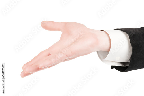 Man in suit open hand makin...