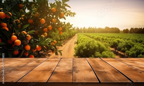 Empty wood table with free space over orange trees, orange field background, generative AI
