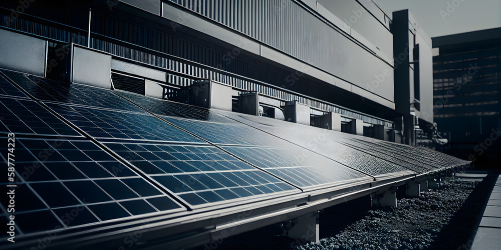 Fototapeta premium Solar panels on an industrial building. Solar panels in a factory. Photovoltaic solar panels . Alternative and Renewable energy concept. Generative AI