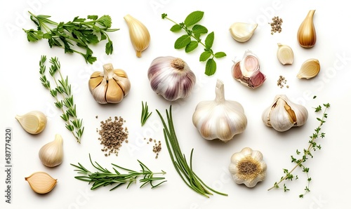 Garlic and herbs isolated on white background, top view, generative AI