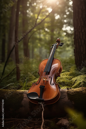 Wallpaper Mural violin sitting on the ground in the middle of a forest. Generative Ai Torontodigital.ca