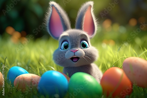 Easter eggs and cute bunny in the grass. Egg hunt. Easter celebration of spring. 3D rendering. AI generated.