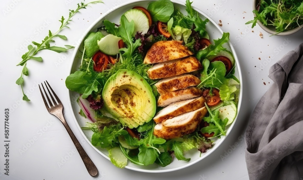 Green salad with baked chicken at white kitchen table, generative AI Green salad with baked chicken at white kitchen table, generative AI