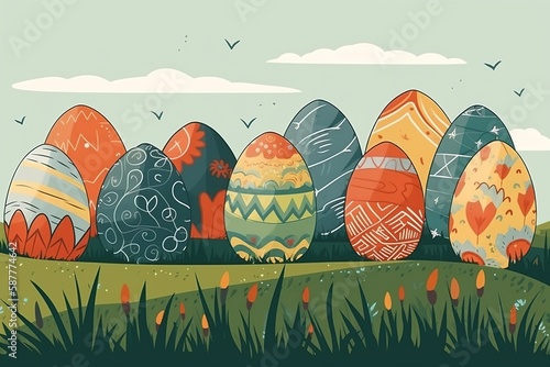 Cartoon Easter eggs on meadow green grass. Spring season. Painted and decorated eggs.