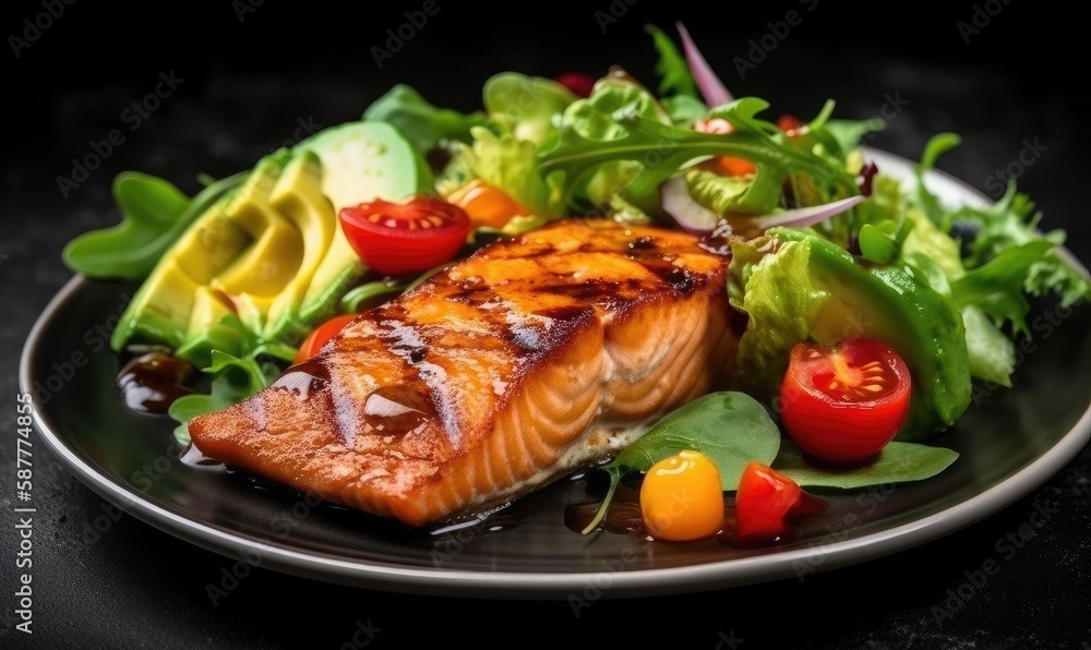 Grilled salmon fish fillet and fresh green lettuce vegetable tomato salad with avocado guacamole, generative AI Grilled salmon fish fillet and fresh green lettuce vegetable tomato salad with avocado guacamole, generative AI