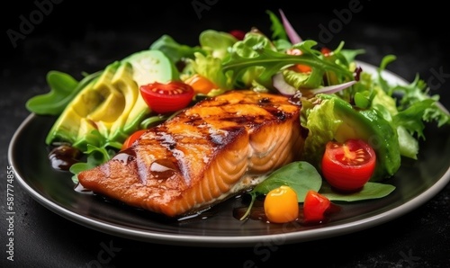 Grilled salmon fish fillet and fresh green lettuce vegetable tomato salad with avocado guacamole, generative AI