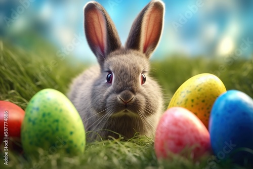 Easter eggs and cute bunny in the grass. Egg hunt. Easter celebration of spring. 3D rendering. AI generated.