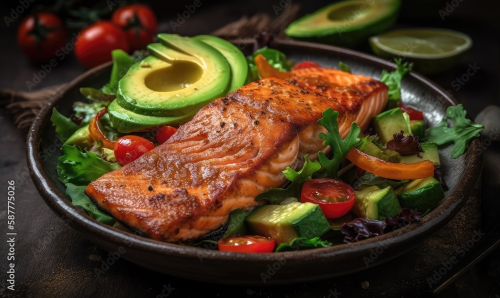 Grilled salmon fish fillet and fresh green lettuce vegetable tomato salad with avocado guacamole, generative AI