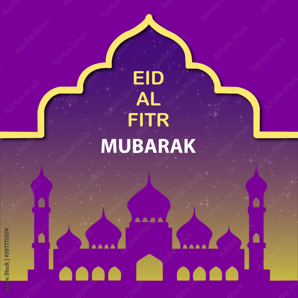 Eid Mubarak : A creative Eid Poster for Eid celebration and greeting lights, moon, and stars. Mosque silhouette in the night sky and abstract light