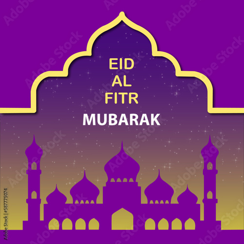 Eid Mubarak : A creative Eid Poster for Eid celebration and greeting lights, moon, and stars. Mosque silhouette in the night sky and abstract light © SALES