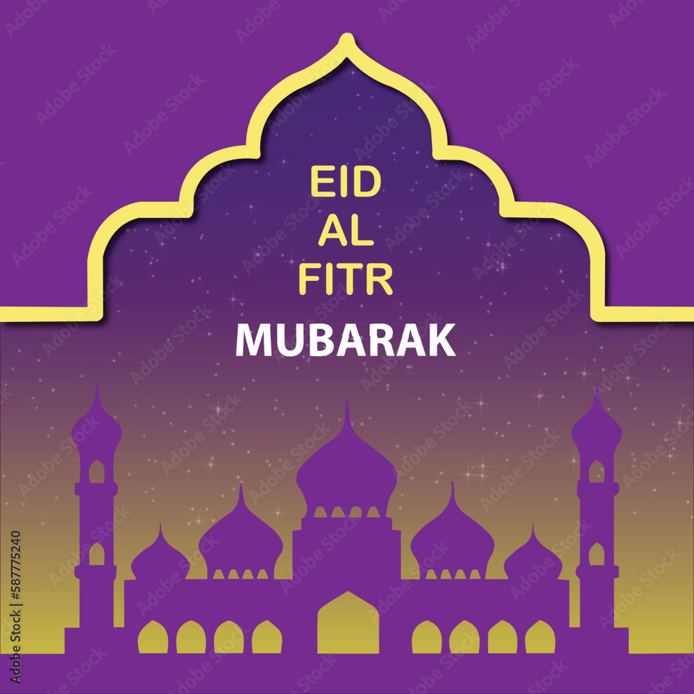 Eid Mubarak : A creative Eid Poster for Eid celebration and greeting lights, moon, and stars. Mosque silhouette in the night sky and abstract light
