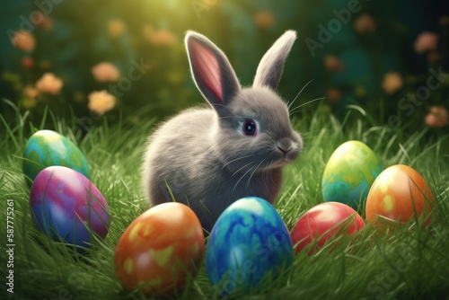 Easter eggs and cute bunny in the grass. Egg hunt. Easter celebration of spring. 3D rendering. AI generated.