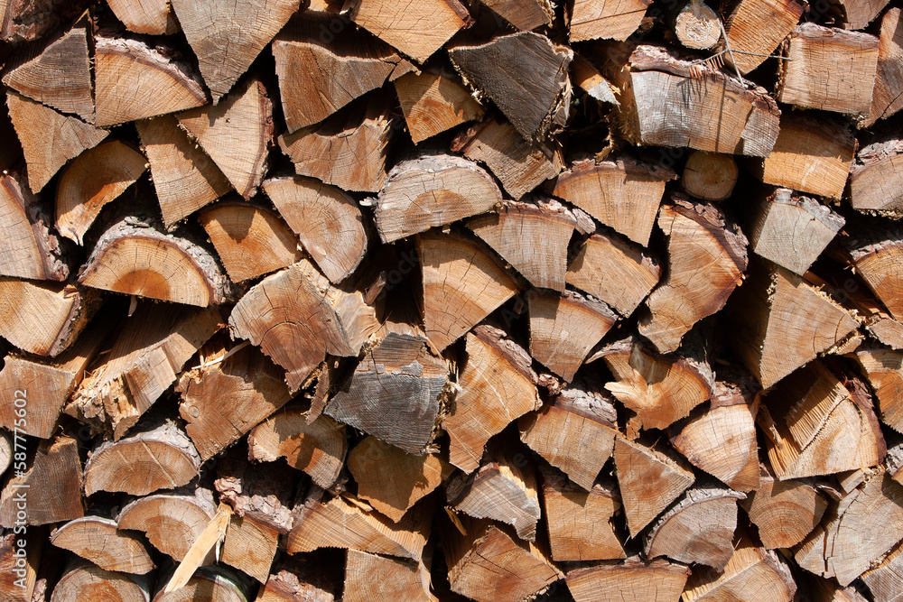 Cut firewood stacked on farmland. Cut firewood stacked on farmland.