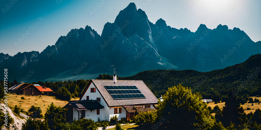 Polish hose near mountains. House with solar panel, photovoltaic solar panels in house roof. Alternative and Renewable energy concept. Ai generative