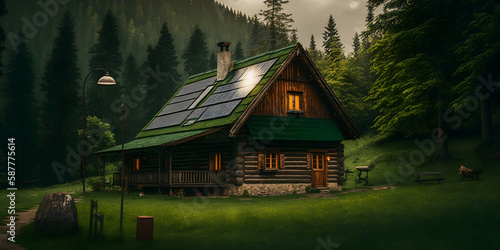 Polish hose near mountains. House with solar panel, photovoltaic solar panels in house roof. Alternative and Renewable energy concept. Ai generative © Only AI