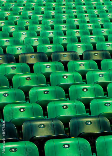 Colorful seats in a stadium.