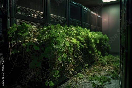 Server room overgrowth with plants. Futuristic view of nature and technology.