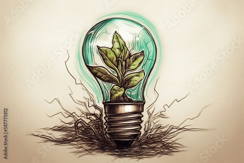 A sketch of a green seedling growing in a light bulb on a white background