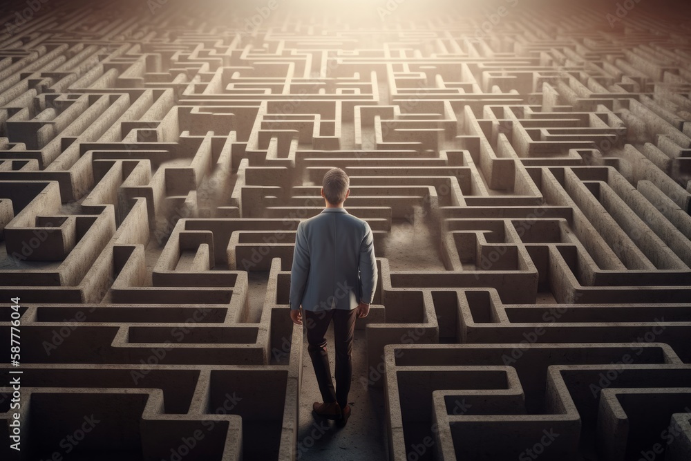 Man in maze is looking for way out. Concept of finding right solutions in life. Figure of man in labirynth with high walls. Created with Generative AI Man in maze is looking for way out. Concept of finding right solutions in life. Figure of man in labirynth with high walls. Created with Generative AI