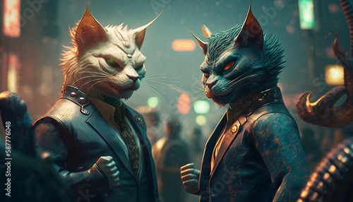 yakuza lawyers, electro-punk neolithic harajuku cats fighting, cinematic