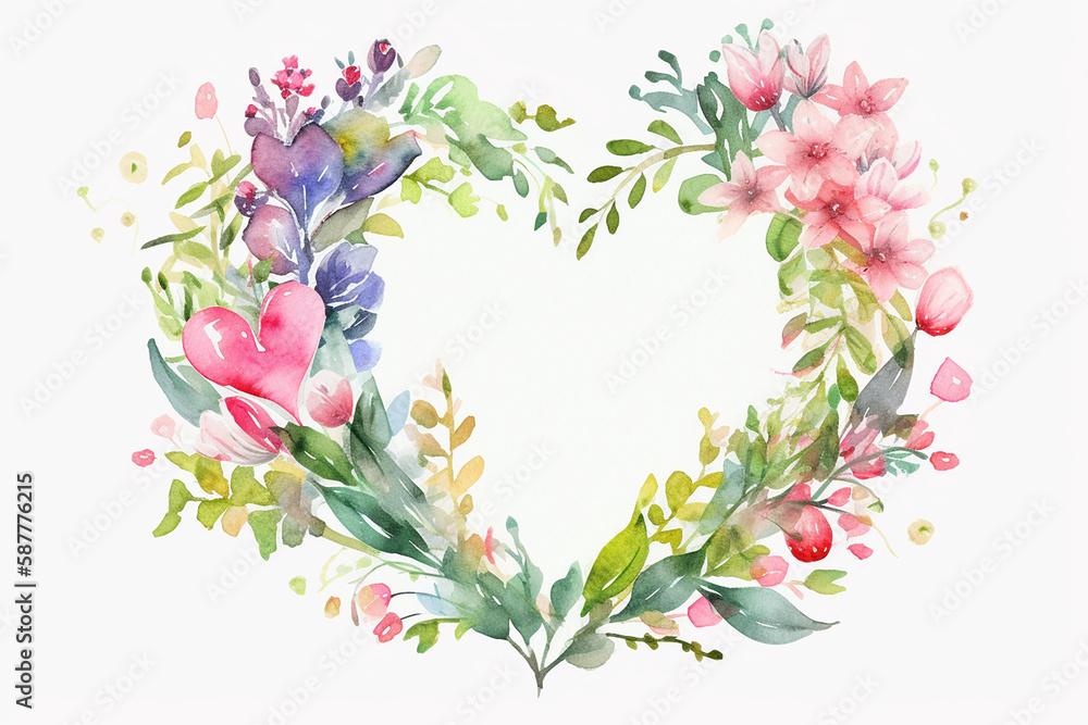 Watercolor Valentines Day Floral Heart Frame Wreath. Hand painted green eucalyptus leaves, forest fern, isolated on white background. Botanical illustration, wedding invitation. Generative AI. 