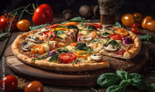 Organic pizza with vegetables and cheese, generative AI