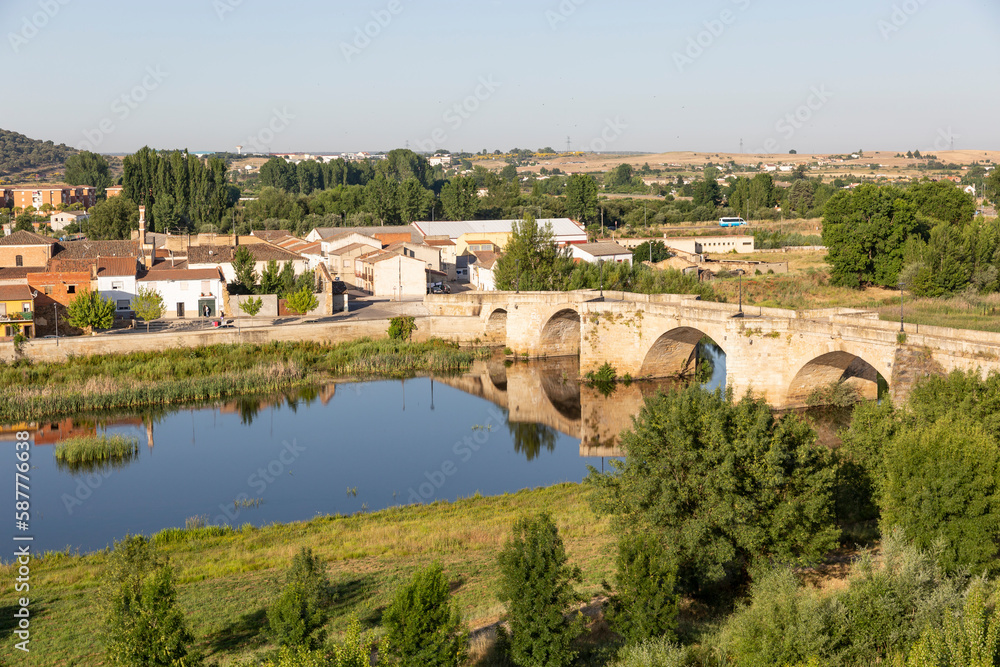 old Roman bridge over Agueda river at Ciudad Rodrigo, province of Salamanca, Castile and Leon, Spain