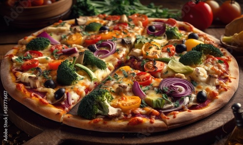 Organic pizza with vegetables and cheese, generative AI photo