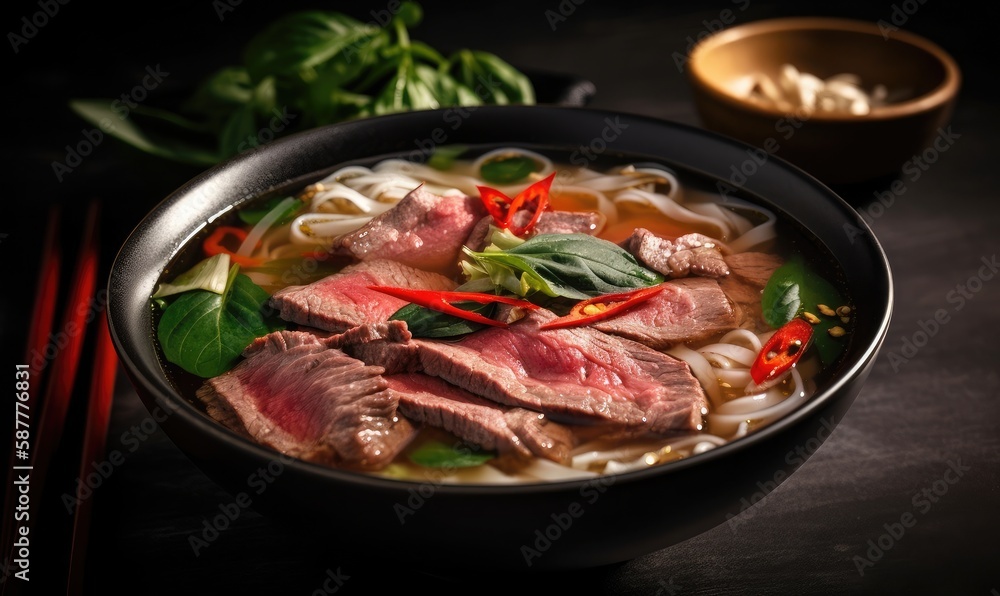 Pho Bo traditional Soup with beef, rice noodles, ginger, lime, chili pepper in bowl, Close up, Vietnamese and Asian cuisine, generative AI Pho Bo traditional Soup with beef, rice noodles, ginger, lime, chili pepper in bowl, Close up, Vietnamese and Asian cuisine, generative AI