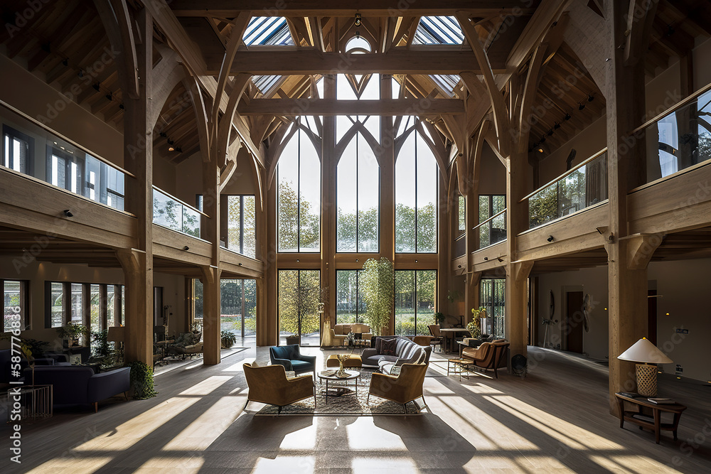 Generative AI illustration of Experimental Architecture Design, massive open atrium, timber frame, grandeur, tall ceilings