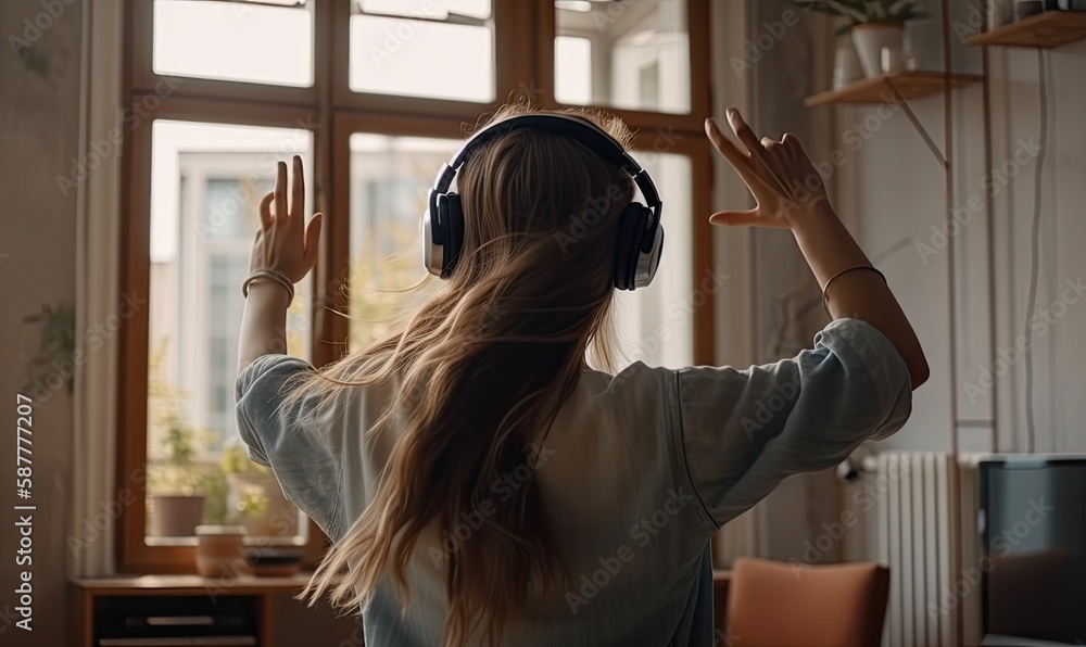 Fototapeta premium A woman with headphones is listening to music, relaxing in the living room, generative AI